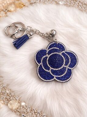 Blue Crystal Flower Keychain with Tassel and silver hardware